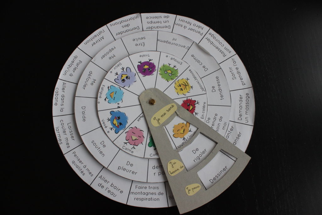 Exemple de roue des émotions, outils pour aider les enfants à l'expression de leurs émotions. 